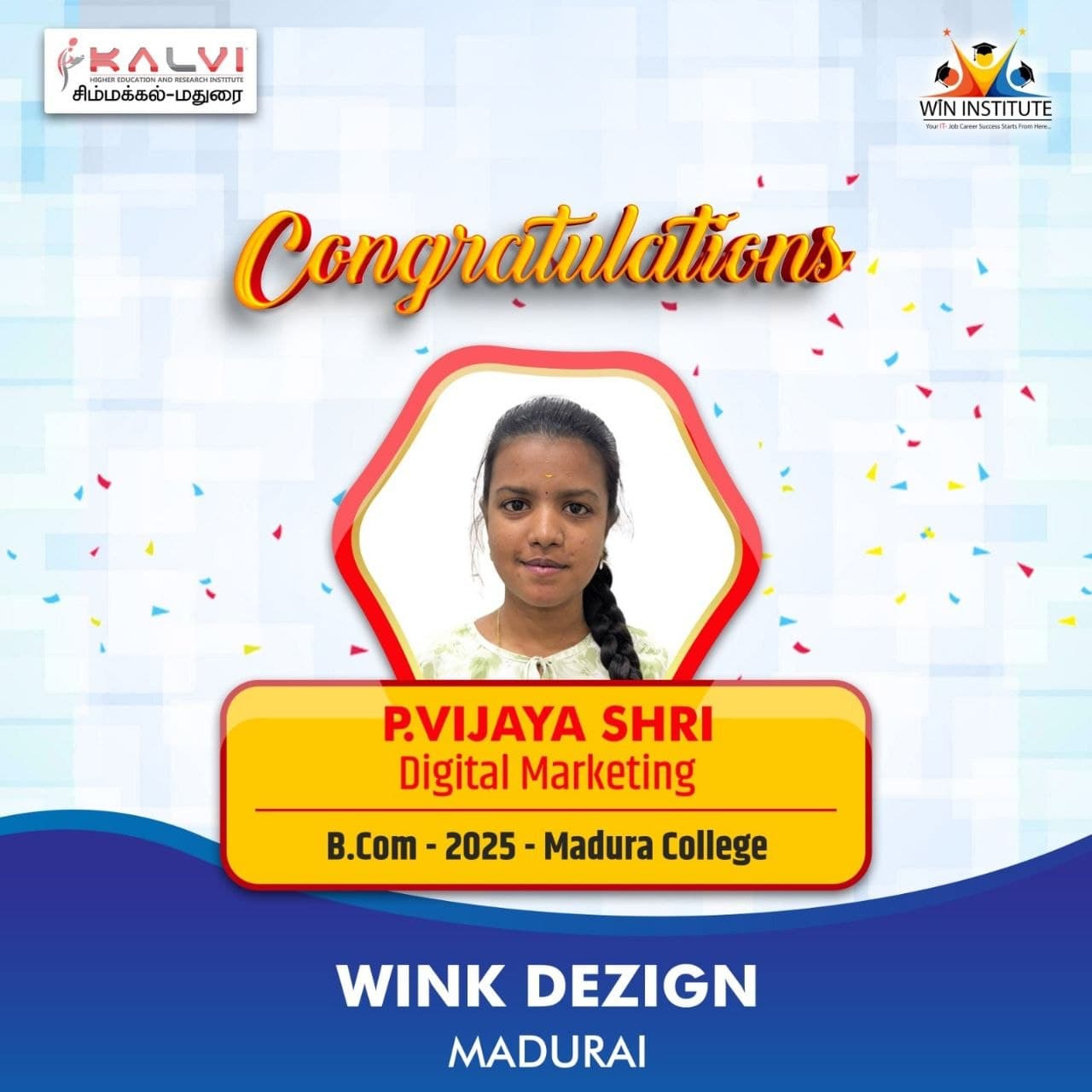Congratulations poster from Kalvi Institute Simmakkal: Digital Marketing student placed at Wink Dezign, Madurai