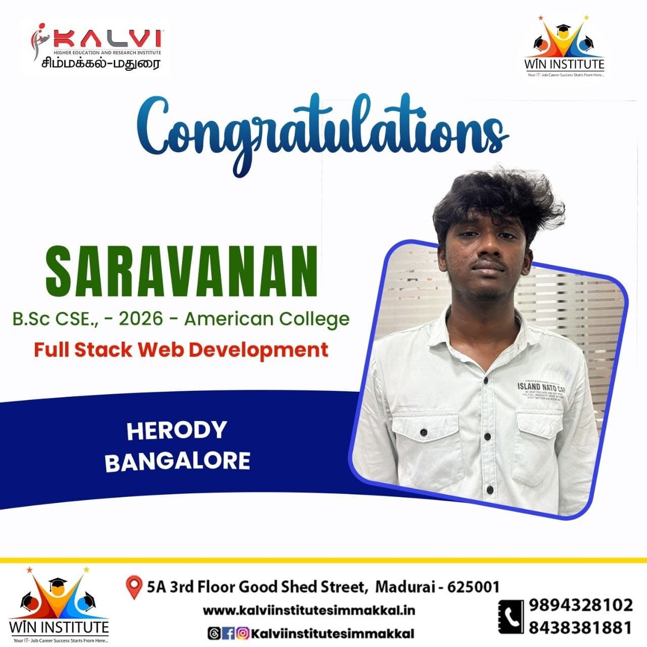 Congratulations poster from Kalvi Institute Simmakkal: Full Stack Web Development student placed at Herody, Bangalore