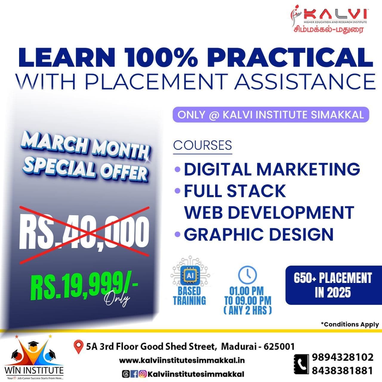 Kalvi Institute Simmakkal poster for Digital Marketing, Full Stack Web Development and Graphic Design courses in Madurai